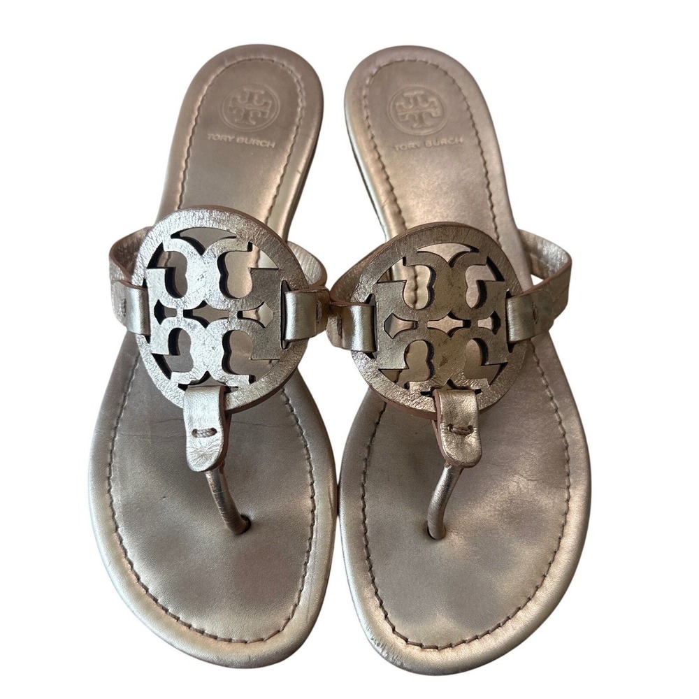 Tory Burch Miller Metallic Gold Champagne Leather Sandals 8.5 Double T